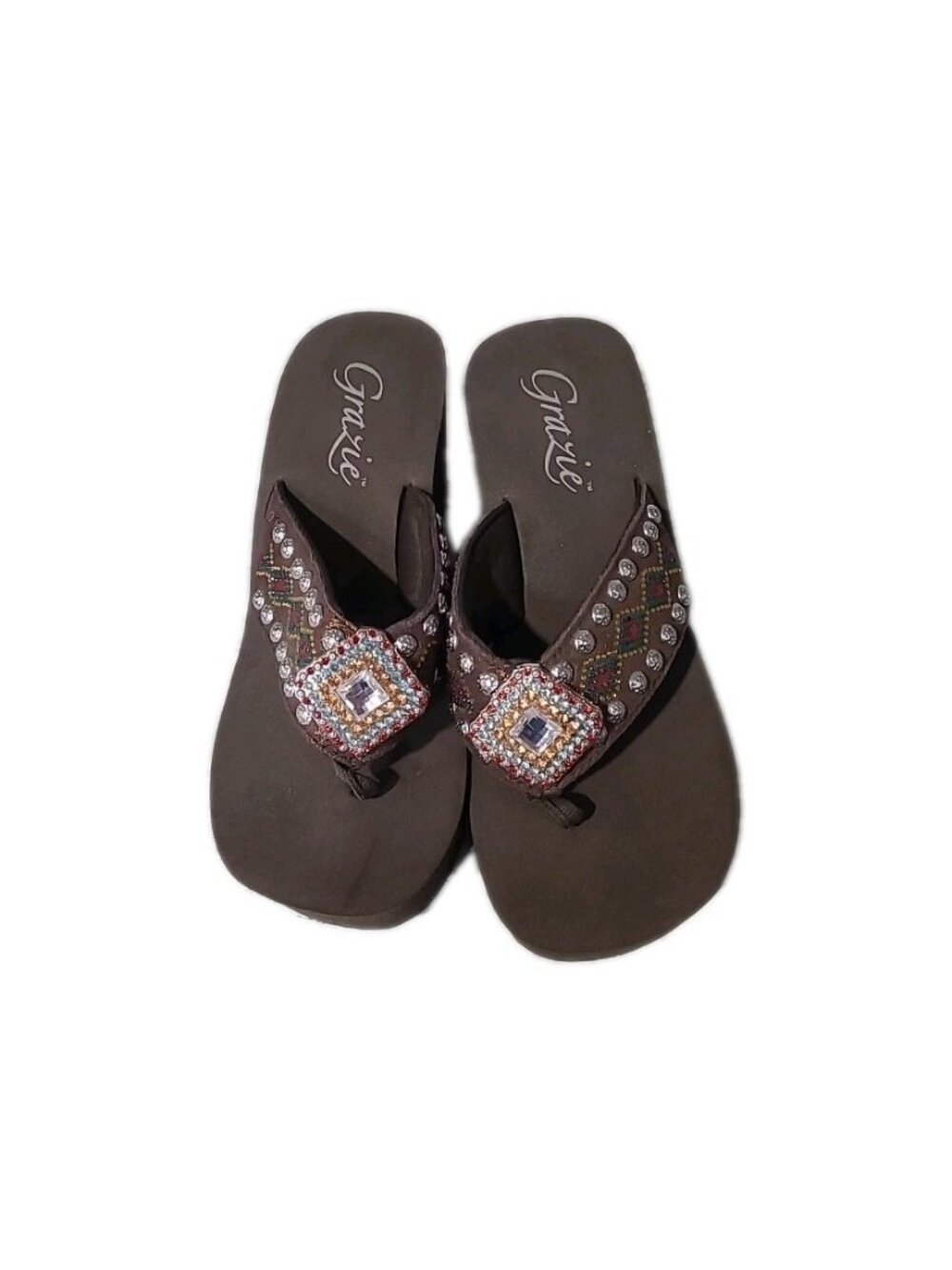 Grazie Sandals Womens Size 7.5 Brown Rhinestone Platform Wedge Thong Flipflop - Picture 2 of 11